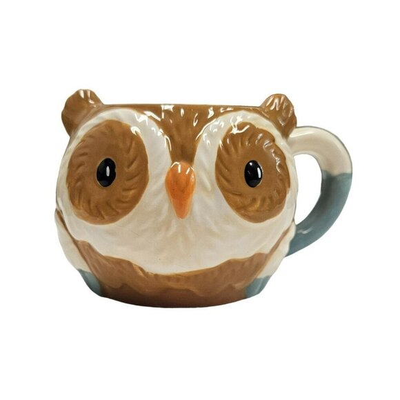 Earthenware Ceramic 3D Hand-Painted‎ Coffee Cup Owl Shape Blue & White Handle - Picture 1 of 13